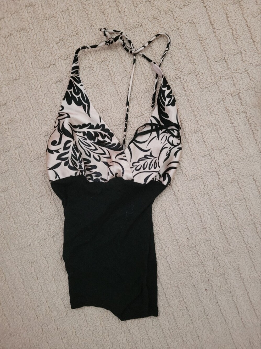 Black & White Halter Tank Top with Leaf Print